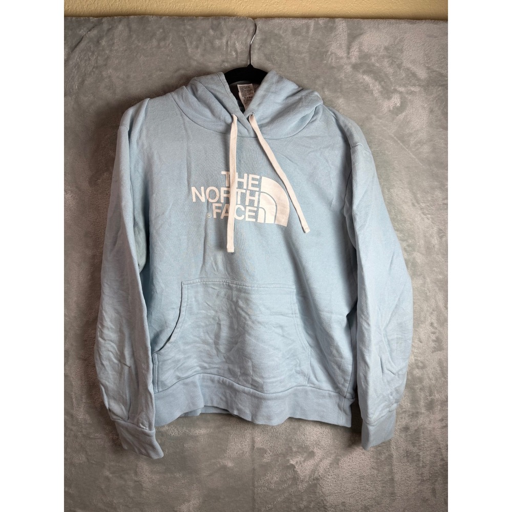 THE NORTH FACE Womens XL Light Blue Logo Pullover Hoodie Cotton Blend Stains